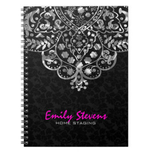Elegant Black Damasks Silver Metallic Vintage Lace Notebook