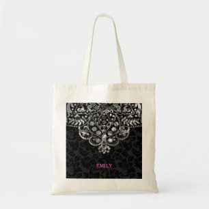 Elegant Black Damasks Silver Metallic Vintage Lace Tote Bag