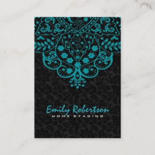 Elegant Black Damasks Turquoise Blue Vintage Lace Business Card