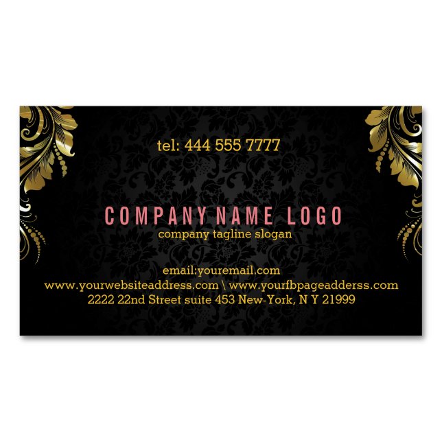 Elegant Black Damasks With Gold Floral Lace 5 Magnetic Business Card (Front)