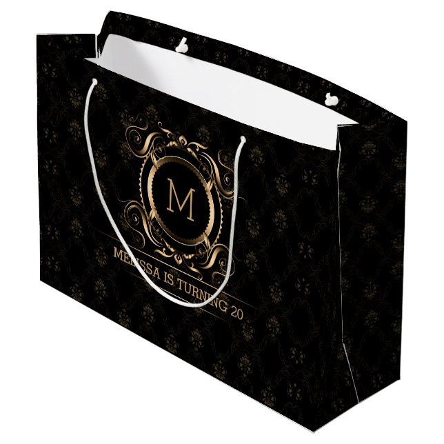 Elegant Black Damasks With Gold Frame Medium Gift  Large Gift Bag (Back Angled)