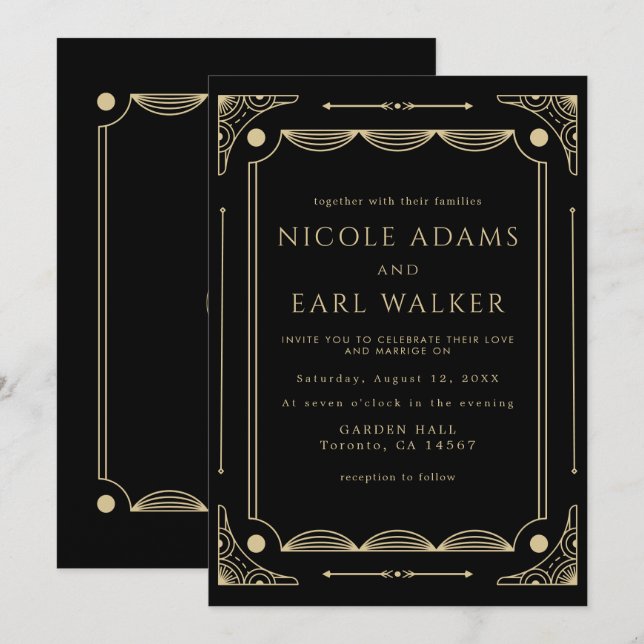 Elegant Black Deco Gold Wedding Invitation (Front/Back)