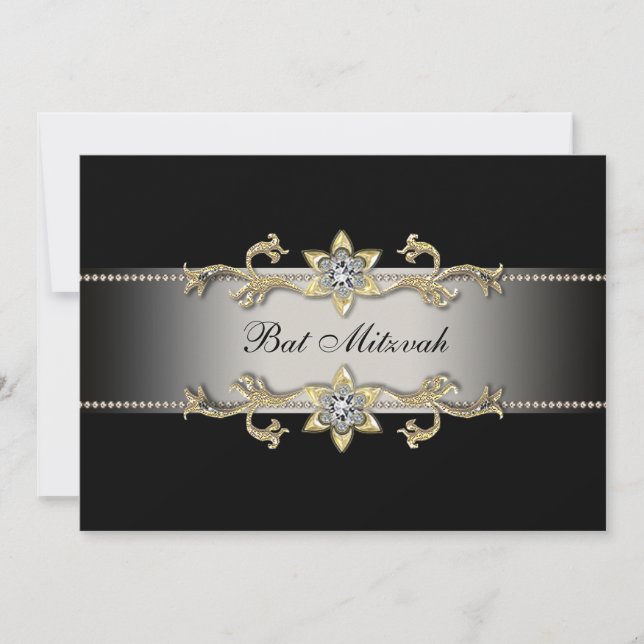Elegant Black Diamond Gold Bat Mitzvah Invitation (Front)