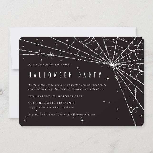 Elegant Black Diamond Spider Web Halloween Party Invitation (Front)