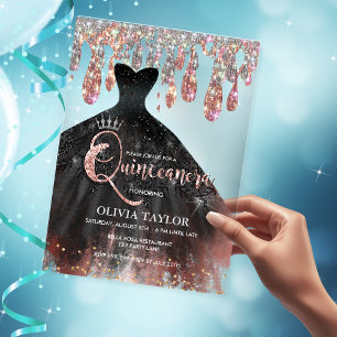 Elegant black dress crystal drips Quinceanera  Acrylic Invitations