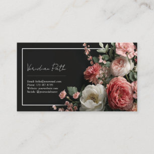 Elegant Black Dusty Rose Peony Floral Rectangular  Business Card
