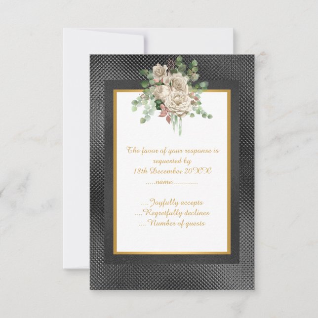ELEGANT BLACK EMBOSSED LAYER FLORAL CUSTOM RSVP (Front)