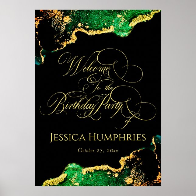 Elegant Black Emerald Gold Birthday Welcome Poster (Front)
