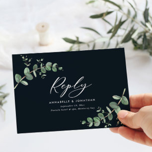 Elegant black Eucalyptus Greenery Wedding RSVP Card