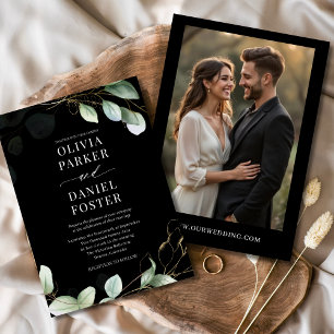Elegant Black Eucalyptus Photo Greenery Wedding Invitation