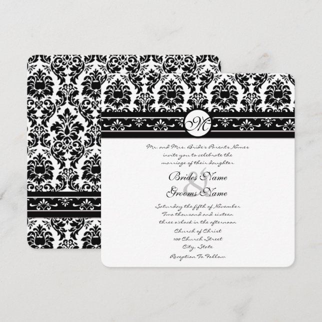 Elegant Black Faux Engraved Floral Damask Wedding  Invitation (Front/Back)
