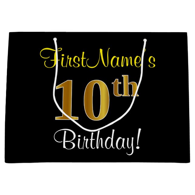 Elegant, Black, Faux Gold 10th Birthday + Name Large Gift Bag (Front)