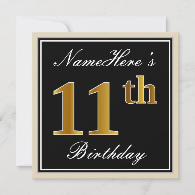 Elegant, Black, Faux Gold 11th Birthday + Name Invitation (Front)