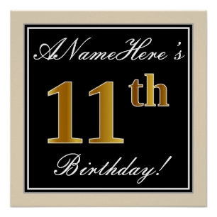 Elegant, Black, Faux Gold 11th Birthday + Name Poster