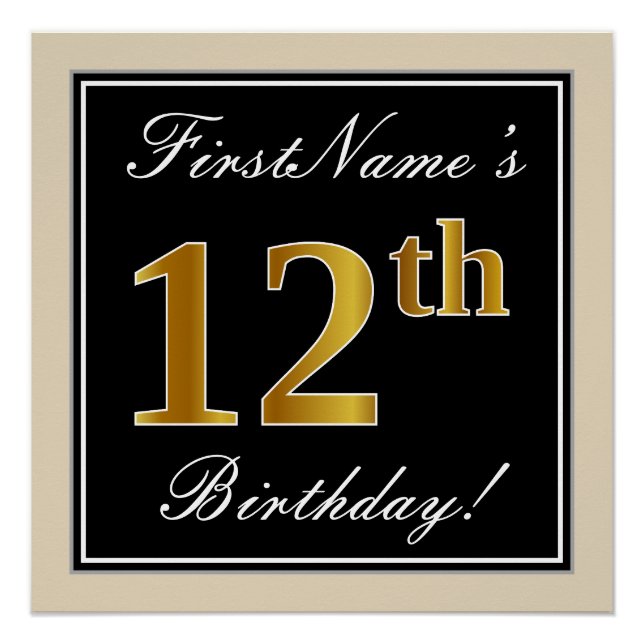 Elegant, Black, Faux Gold 12th Birthday + Name Poster (Front)