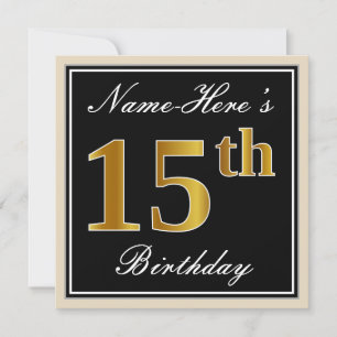 Elegant, Black, Faux Gold 15th Birthday + Name Invitation