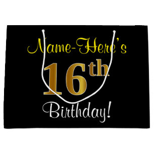 Elegant, Black, Faux Gold 16th Birthday + Name Large Gift Bag