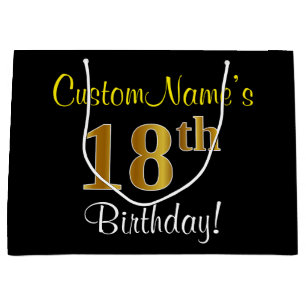 Elegant, Black, Faux Gold 18th Birthday + Name Large Gift Bag