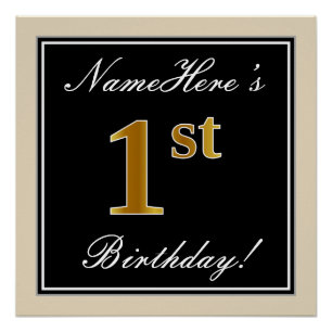 Elegant, Black, Faux Gold 1st Birthday + Name Poster