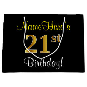 Elegant, Black, Faux Gold 21st Birthday + Name Large Gift Bag