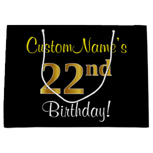 Elegant, Black, Faux Gold 22nd Birthday + Name Large Gift Bag