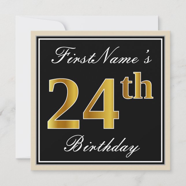 Elegant, Black, Faux Gold 24th Birthday + Name Invitation (Front)