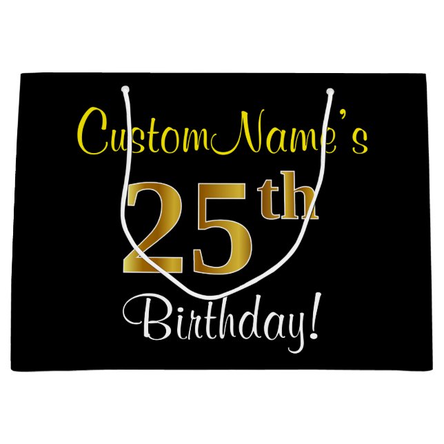 Elegant, Black, Faux Gold 25th Birthday + Name Large Gift Bag (Front)