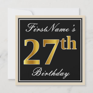Elegant, Black, Faux Gold 27th Birthday + Name Invitation