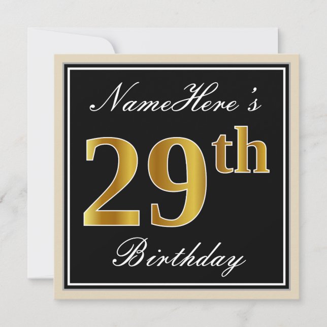 Elegant, Black, Faux Gold 29th Birthday + Name Invitation (Front)