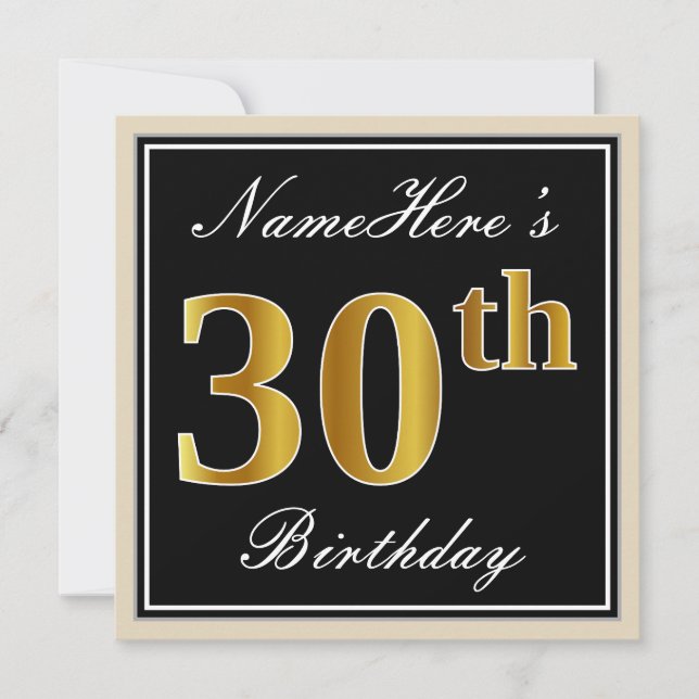 Elegant, Black, Faux Gold 30th Birthday + Name Invitation (Front)