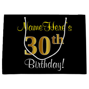 Elegant, Black, Faux Gold 30th Birthday + Name Large Gift Bag
