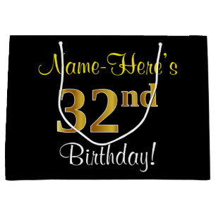 Elegant, Black, Faux Gold 32nd Birthday + Name Large Gift Bag