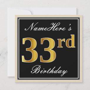 Elegant, Black, Faux Gold 33rd Birthday + Name Invitation