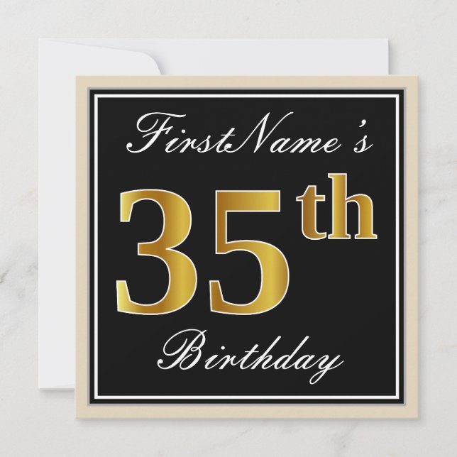 Elegant, Black, Faux Gold 35th Birthday + Name Invitation (Front)