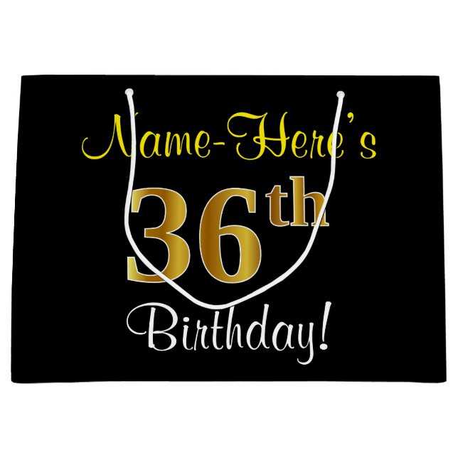 Elegant, Black, Faux Gold 36th Birthday + Name Large Gift Bag (Front)