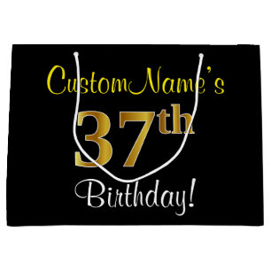 Elegant, Black, Faux Gold 37th Birthday + Name Large Gift Bag
