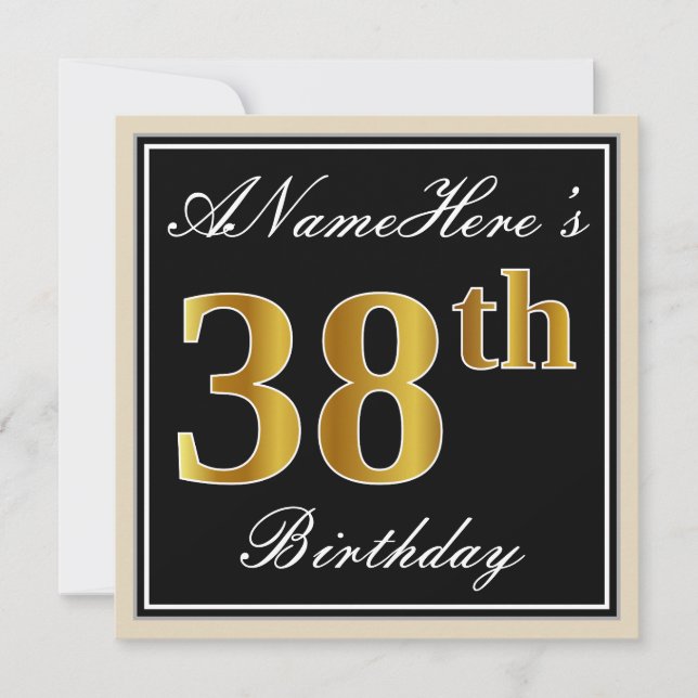 Elegant, Black, Faux Gold 38th Birthday + Name Invitation (Front)