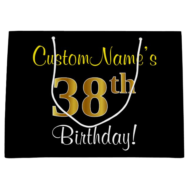 Elegant, Black, Faux Gold 38th Birthday + Name Large Gift Bag (Front)