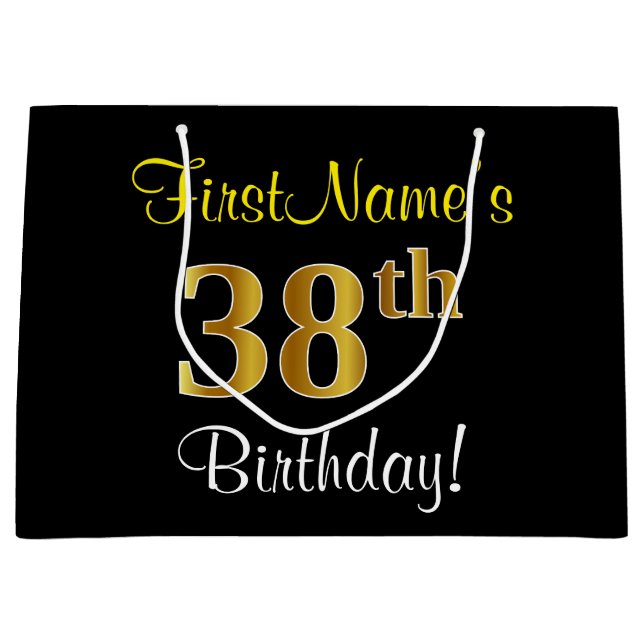 Elegant, Black, Faux Gold 38th Birthday + Name Large Gift Bag (Front)