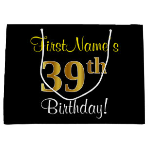 Elegant, Black, Faux Gold 39th Birthday + Name Large Gift Bag