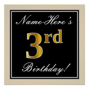Elegant, Black, Faux Gold 3rd Birthday + Name Poster