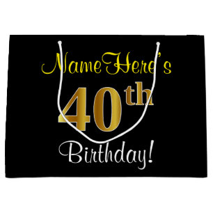 Elegant, Black, Faux Gold 40th Birthday + Name Large Gift Bag