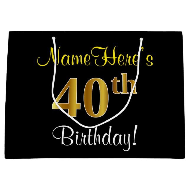 Elegant, Black, Faux Gold 40th Birthday + Name Large Gift Bag (Front)