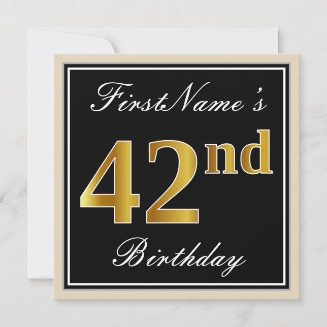 Elegant, Black, Faux Gold 42nd Birthday + Name Invitation (Front)