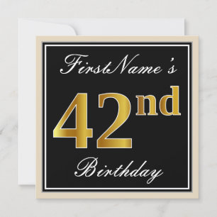 Elegant, Black, Faux Gold 42nd Birthday + Name Invitation