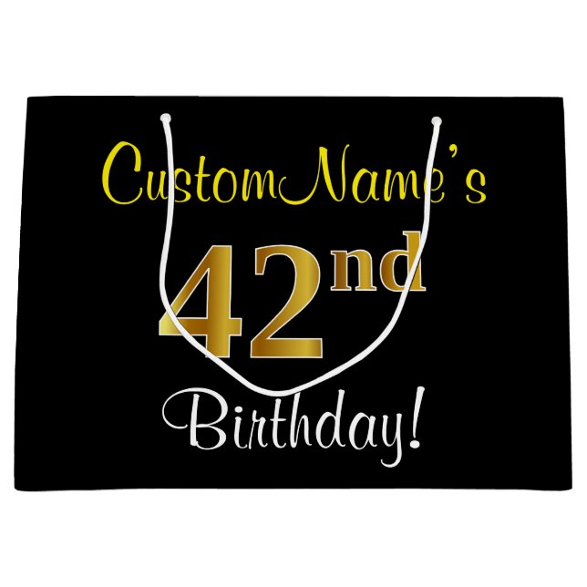 Elegant, Black, Faux Gold 42nd Birthday + Name Large Gift Bag (Front)