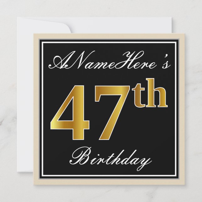 Elegant, Black, Faux Gold 47th Birthday + Name Invitation (Front)