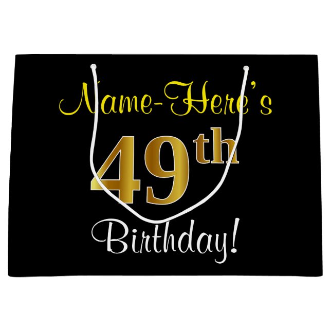Elegant, Black, Faux Gold 49th Birthday + Name Large Gift Bag (Front)