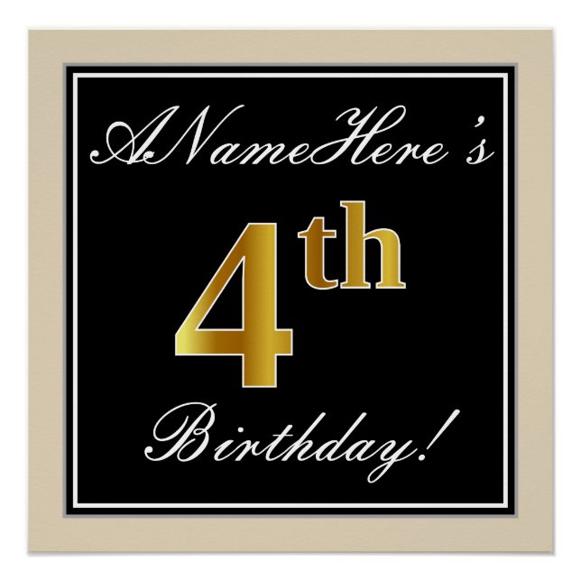 Elegant, Black, Faux Gold 4th Birthday + Name Poster (Front)