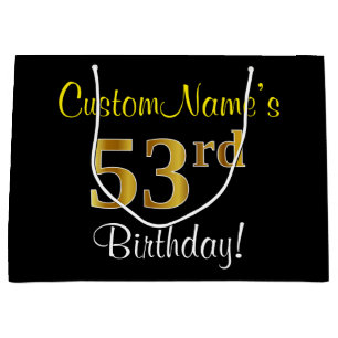 Elegant, Black, Faux Gold 53rd Birthday + Name Large Gift Bag